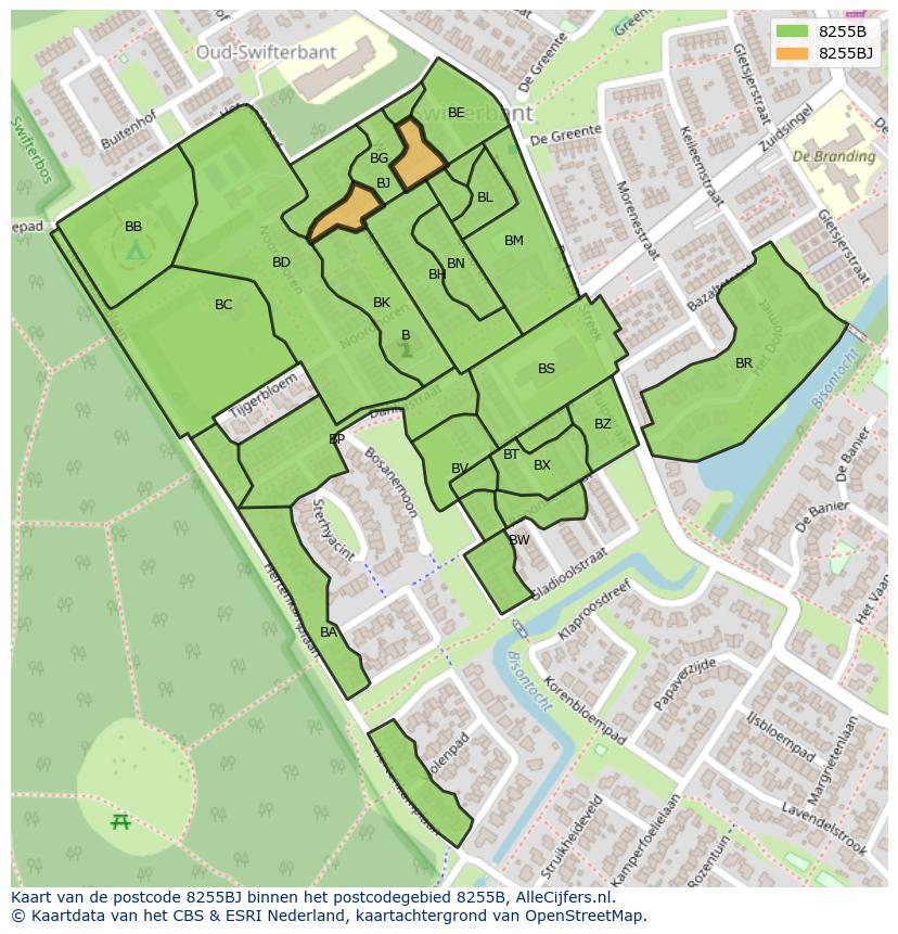 Afbeelding van het postcodegebied 8255 BJ op de kaart.