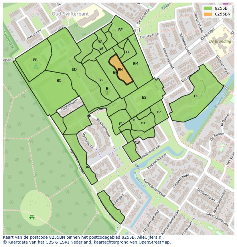 Afbeelding van het postcodegebied 8255 BN op de kaart.