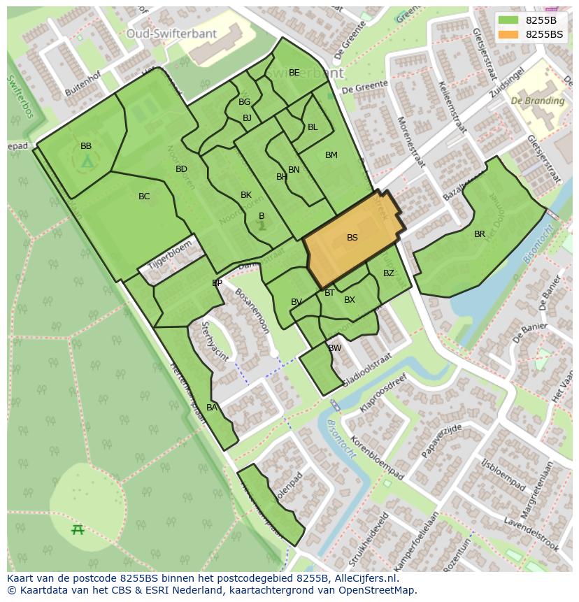Afbeelding van het postcodegebied 8255 BS op de kaart.