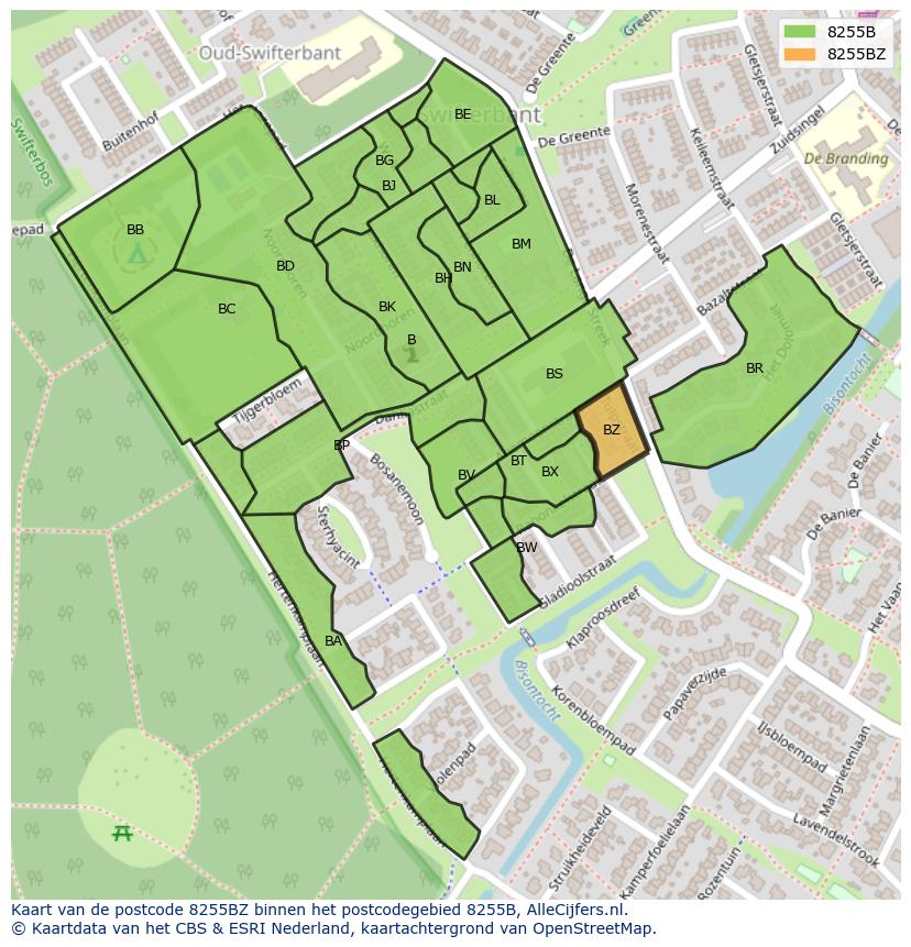 Afbeelding van het postcodegebied 8255 BZ op de kaart.
