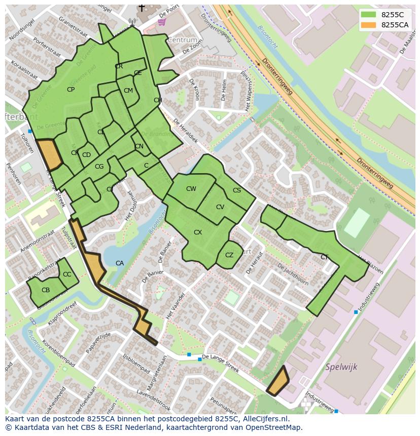 Afbeelding van het postcodegebied 8255 CA op de kaart.