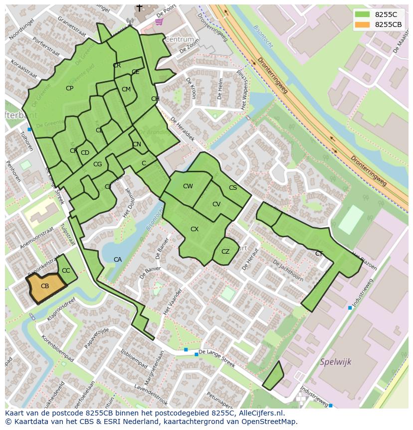 Afbeelding van het postcodegebied 8255 CB op de kaart.