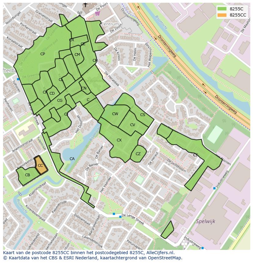 Afbeelding van het postcodegebied 8255 CC op de kaart.