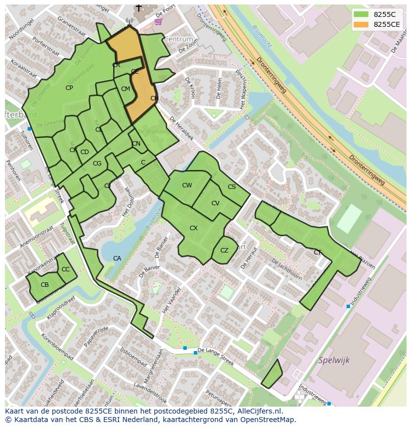 Afbeelding van het postcodegebied 8255 CE op de kaart.