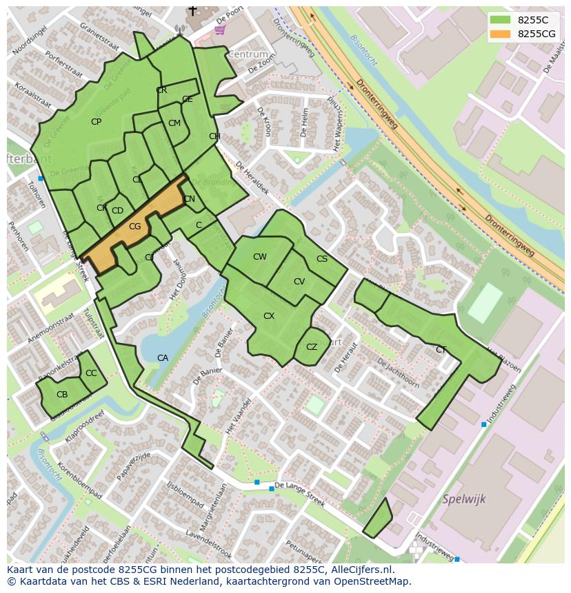 Afbeelding van het postcodegebied 8255 CG op de kaart.