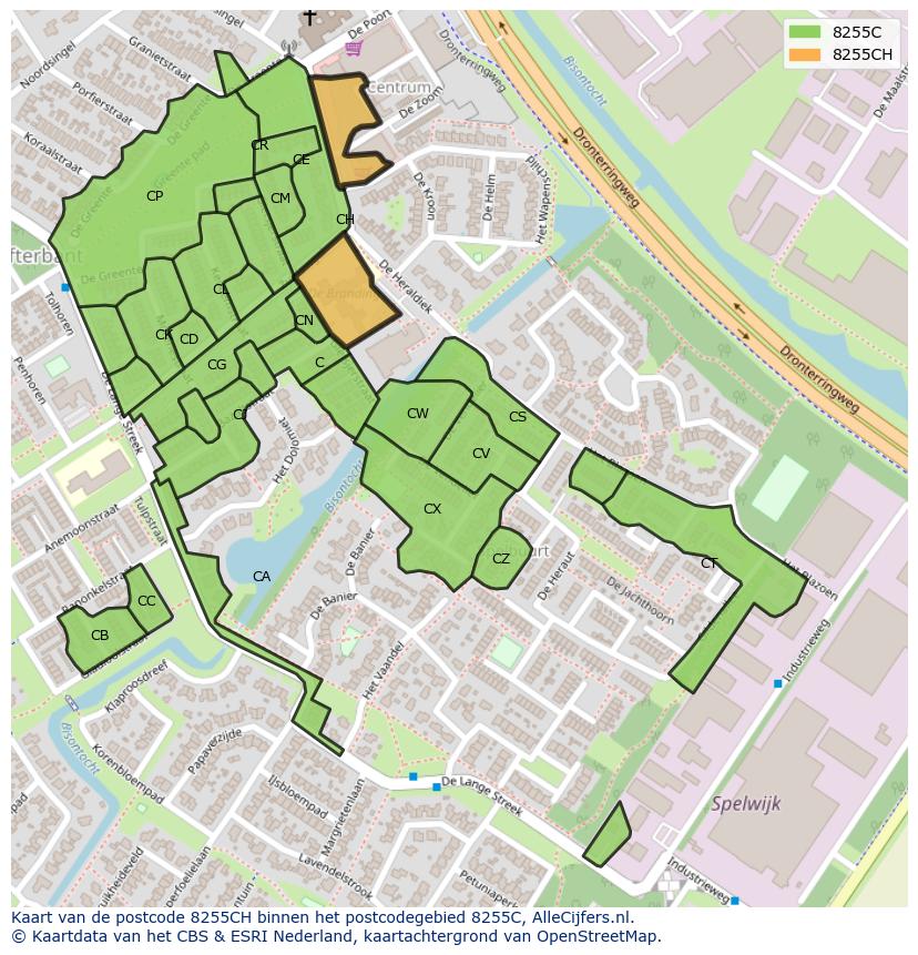 Afbeelding van het postcodegebied 8255 CH op de kaart.
