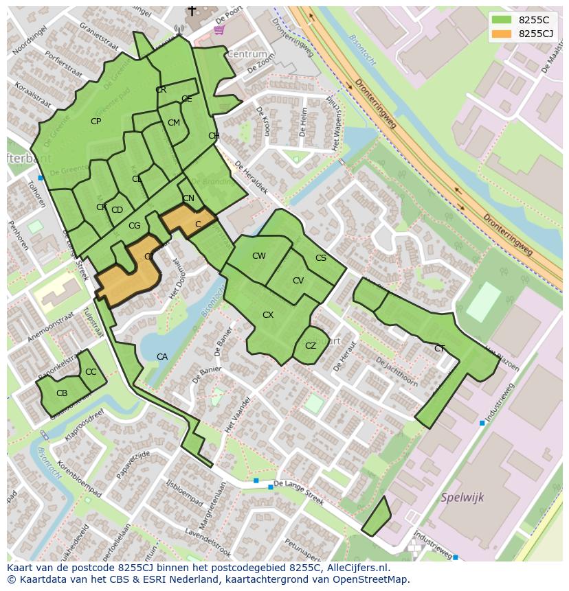Afbeelding van het postcodegebied 8255 CJ op de kaart.