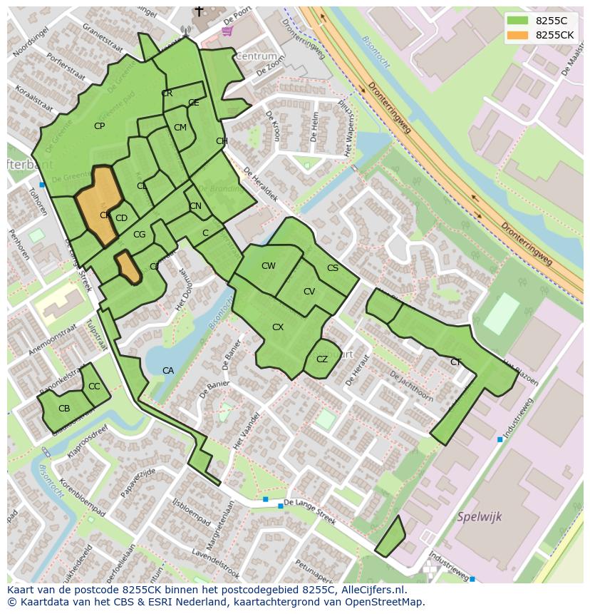 Afbeelding van het postcodegebied 8255 CK op de kaart.