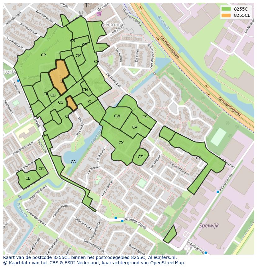Afbeelding van het postcodegebied 8255 CL op de kaart.