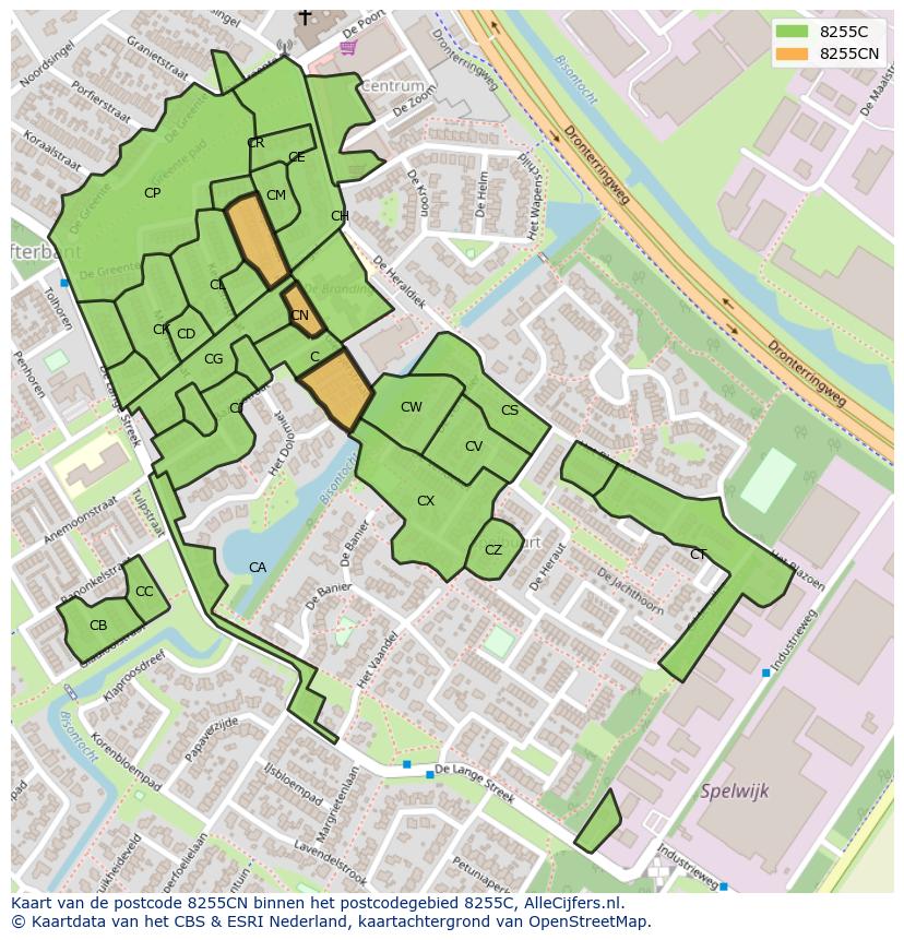 Afbeelding van het postcodegebied 8255 CN op de kaart.