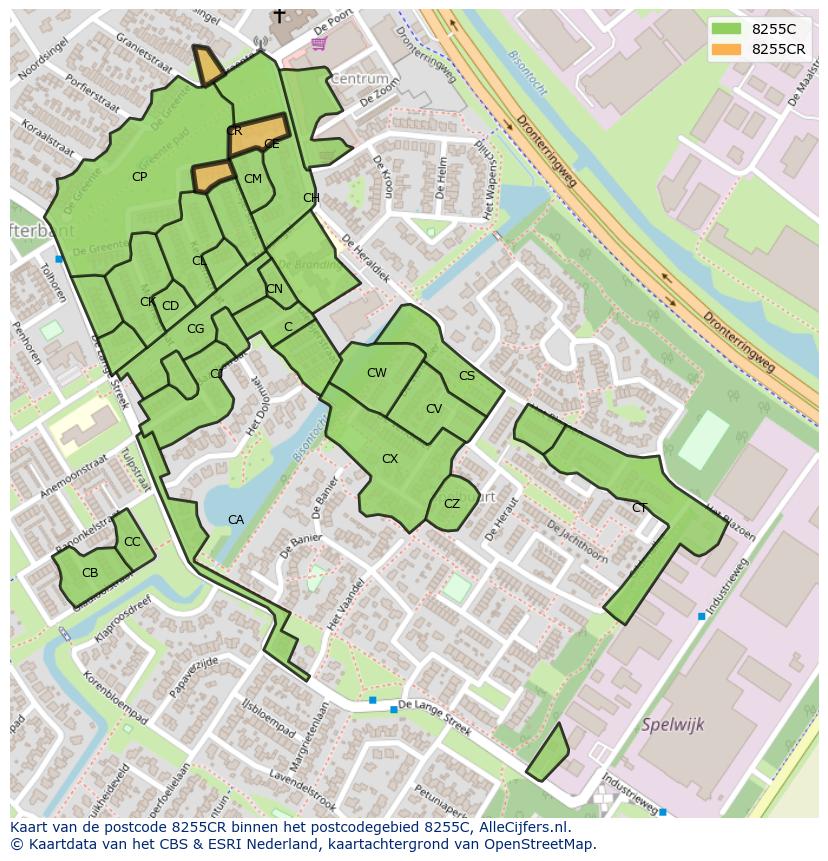 Afbeelding van het postcodegebied 8255 CR op de kaart.