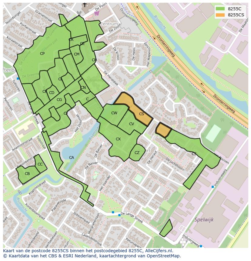 Afbeelding van het postcodegebied 8255 CS op de kaart.