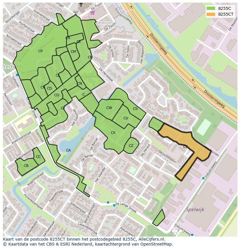 Afbeelding van het postcodegebied 8255 CT op de kaart.