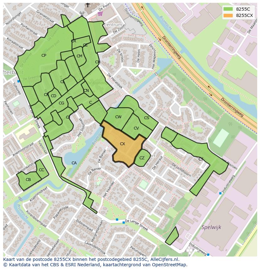 Afbeelding van het postcodegebied 8255 CX op de kaart.
