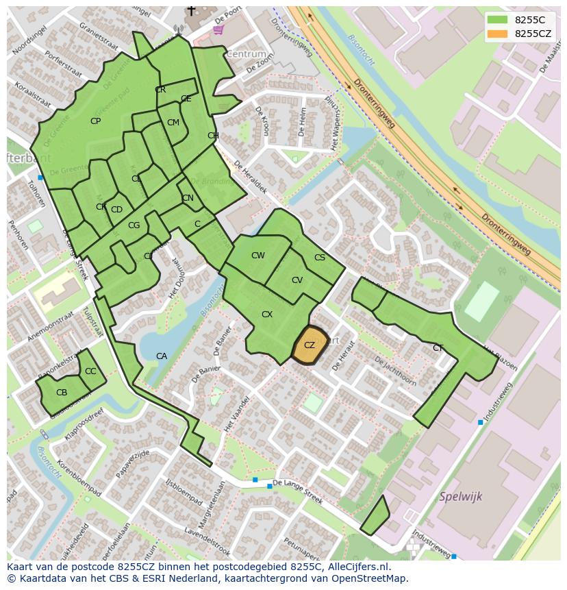 Afbeelding van het postcodegebied 8255 CZ op de kaart.