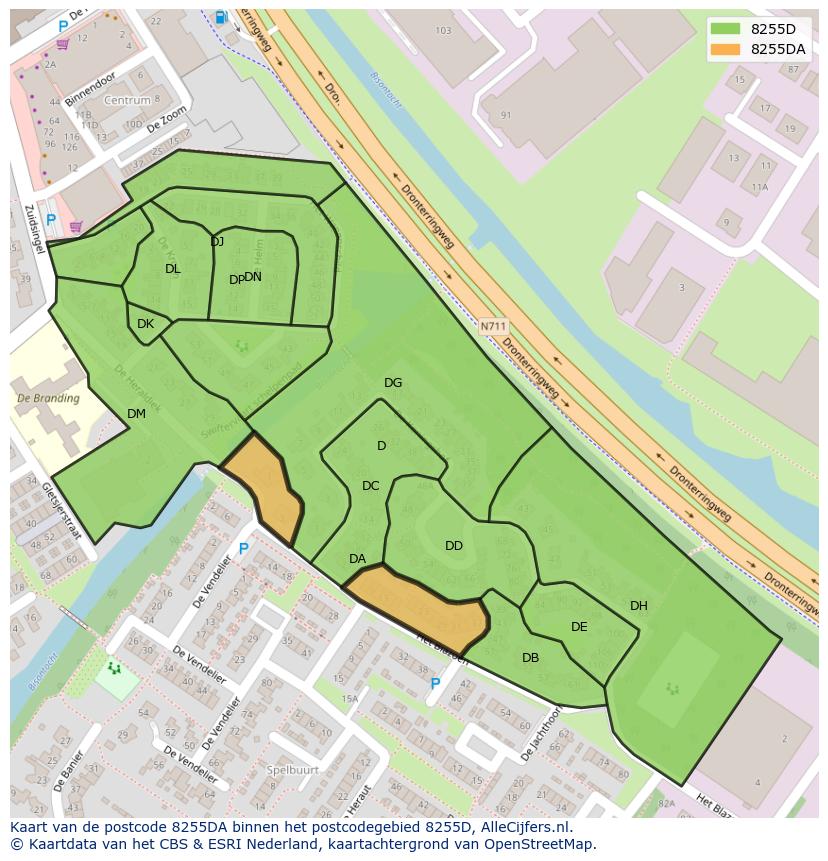 Afbeelding van het postcodegebied 8255 DA op de kaart.