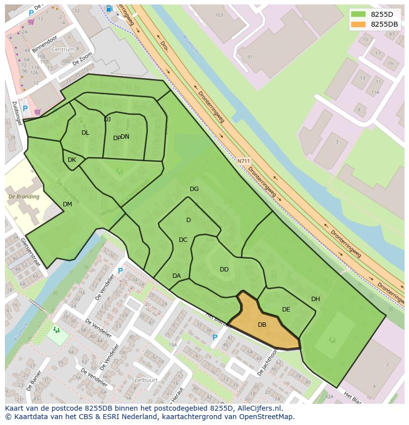 Afbeelding van het postcodegebied 8255 DB op de kaart.