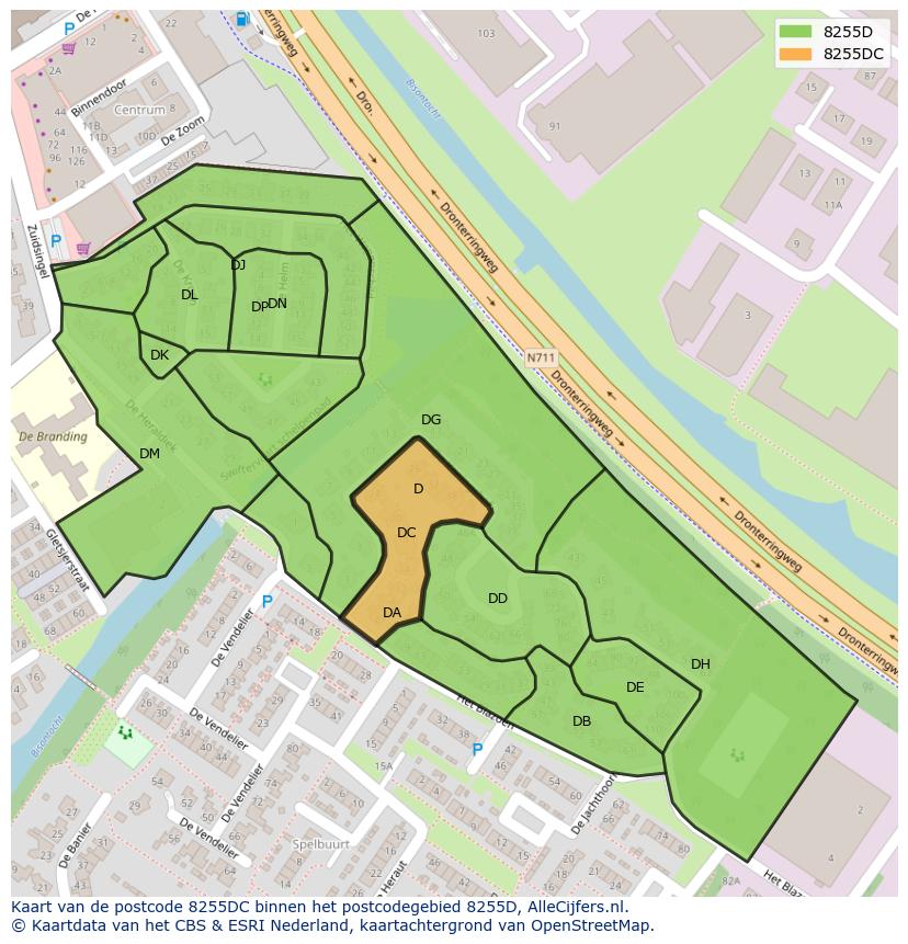 Afbeelding van het postcodegebied 8255 DC op de kaart.