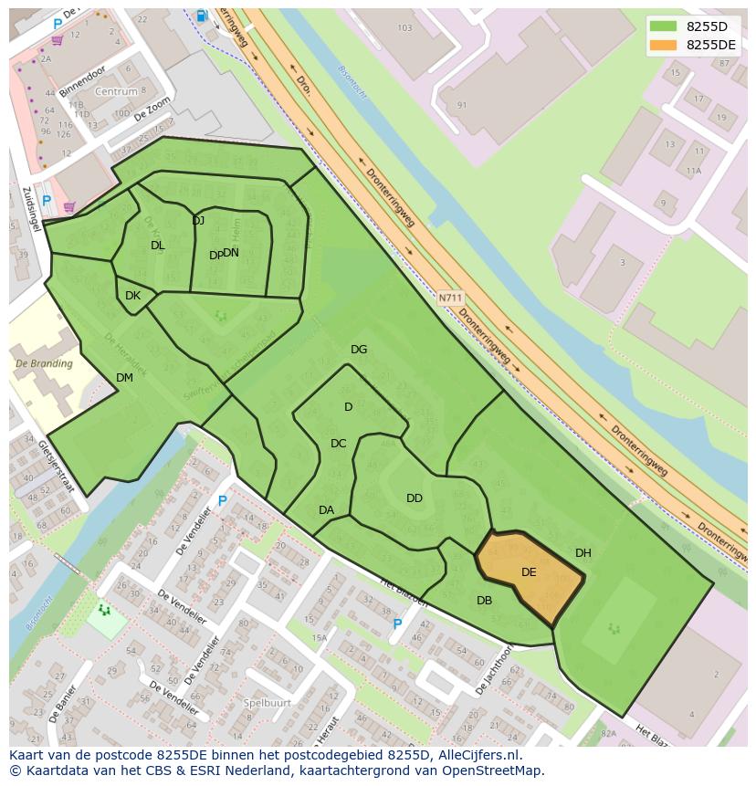 Afbeelding van het postcodegebied 8255 DE op de kaart.