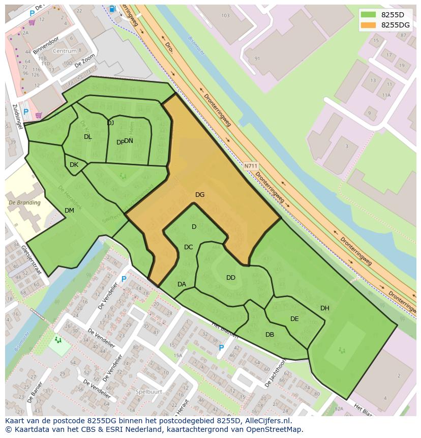 Afbeelding van het postcodegebied 8255 DG op de kaart.