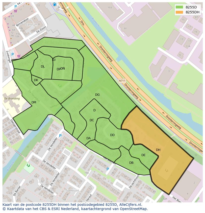 Afbeelding van het postcodegebied 8255 DH op de kaart.