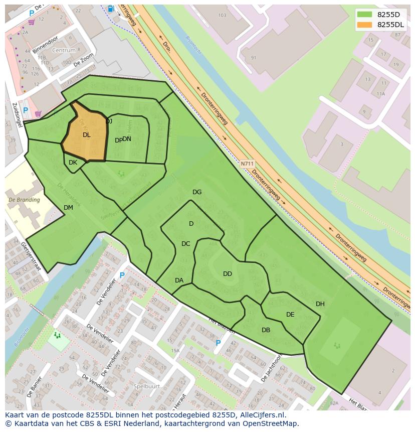 Afbeelding van het postcodegebied 8255 DL op de kaart.