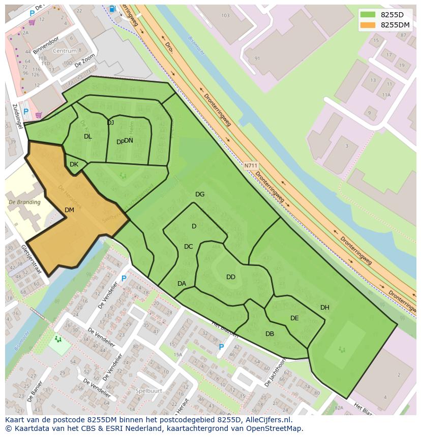 Afbeelding van het postcodegebied 8255 DM op de kaart.