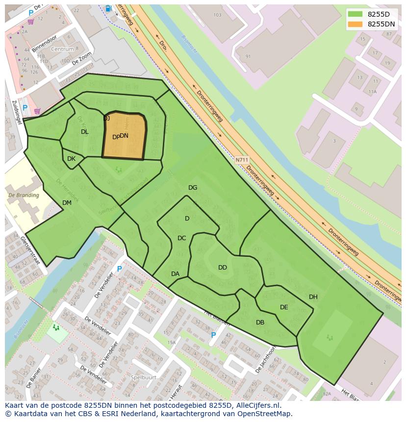 Afbeelding van het postcodegebied 8255 DN op de kaart.