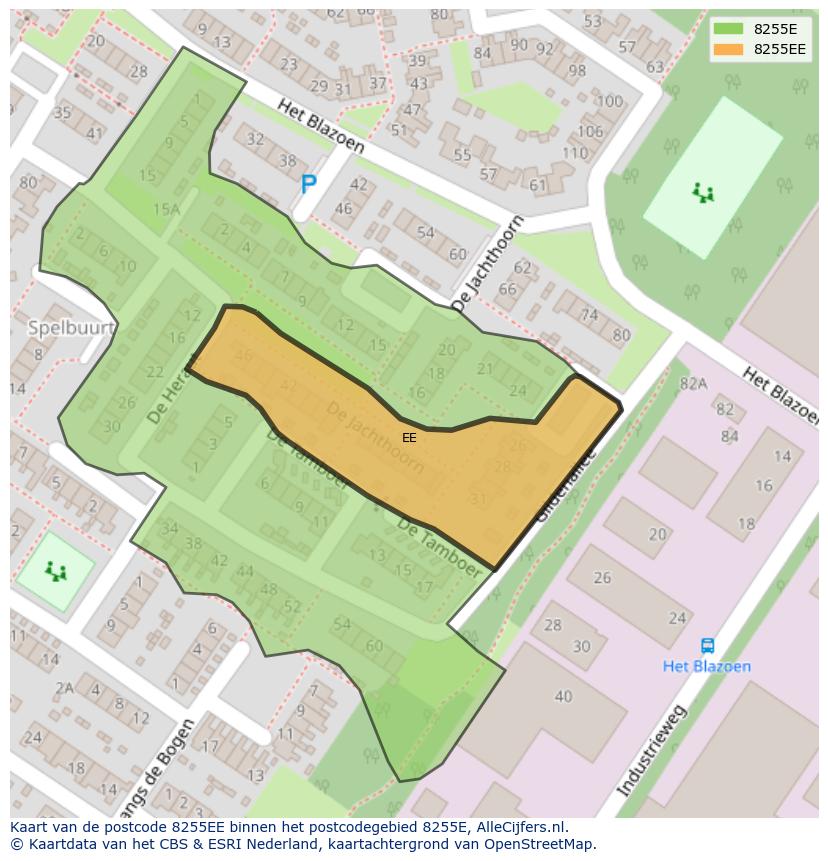 Afbeelding van het postcodegebied 8255 EE op de kaart.