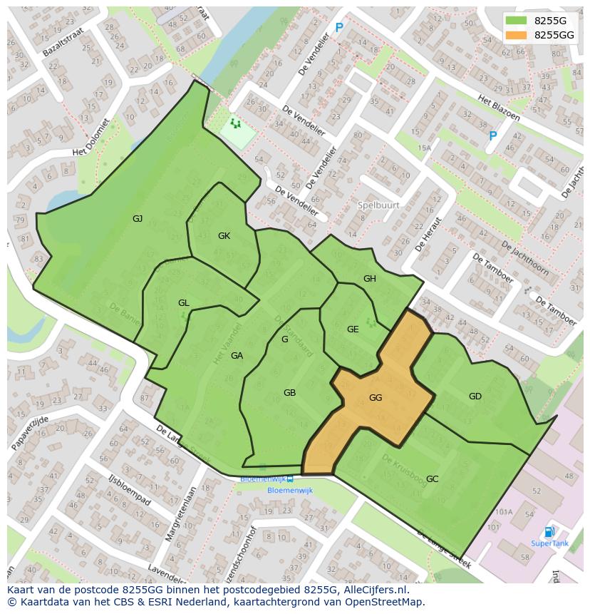 Afbeelding van het postcodegebied 8255 GG op de kaart.