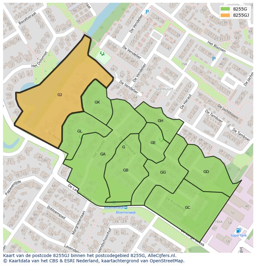 Afbeelding van het postcodegebied 8255 GJ op de kaart.
