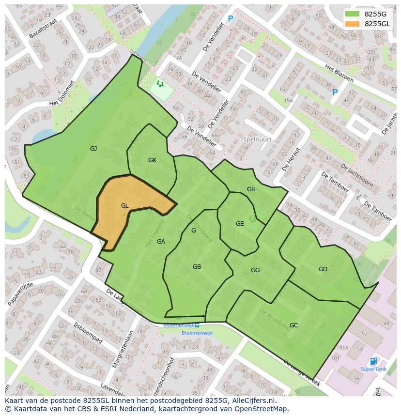 Afbeelding van het postcodegebied 8255 GL op de kaart.