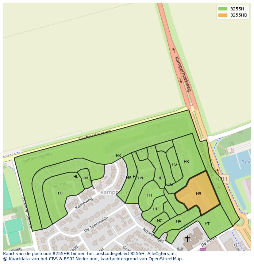 Afbeelding van het postcodegebied 8255 HB op de kaart.