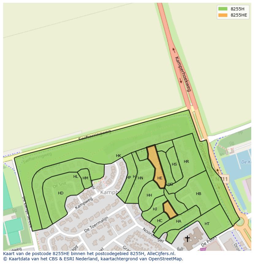 Afbeelding van het postcodegebied 8255 HE op de kaart.