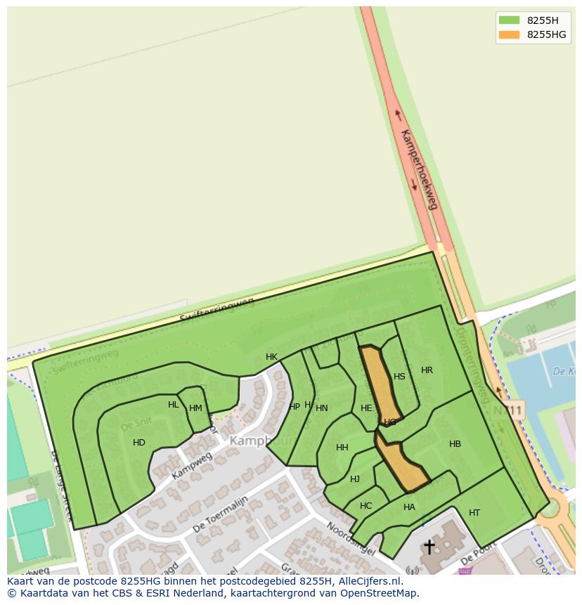 Afbeelding van het postcodegebied 8255 HG op de kaart.