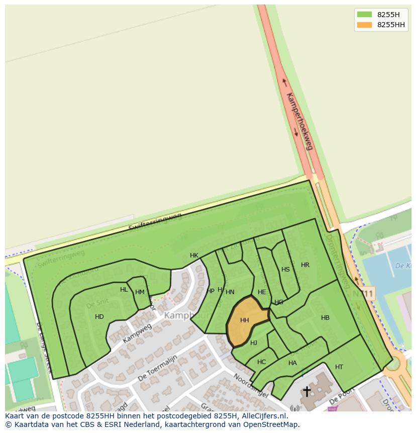 Afbeelding van het postcodegebied 8255 HH op de kaart.