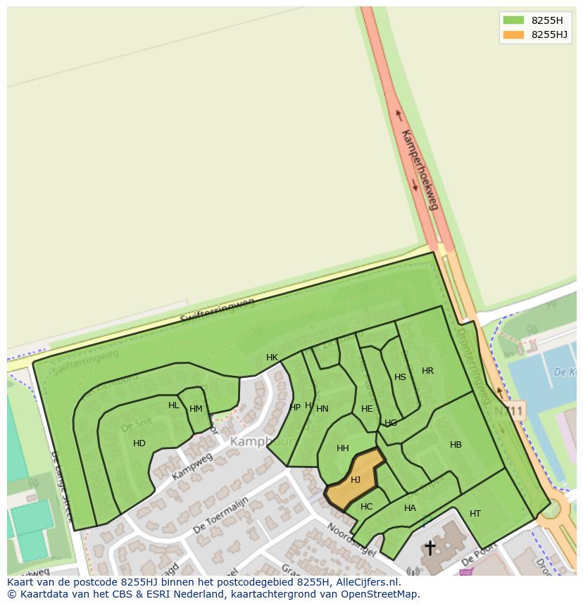 Afbeelding van het postcodegebied 8255 HJ op de kaart.