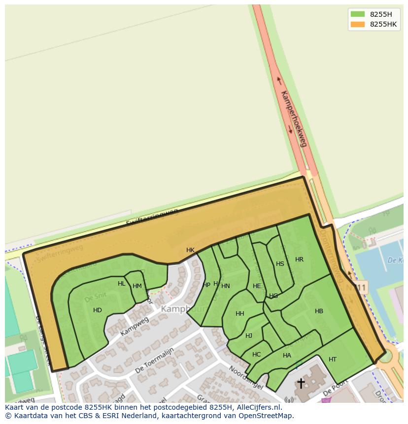 Afbeelding van het postcodegebied 8255 HK op de kaart.