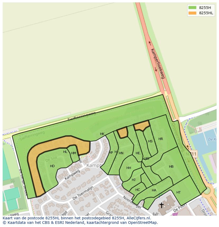 Afbeelding van het postcodegebied 8255 HL op de kaart.