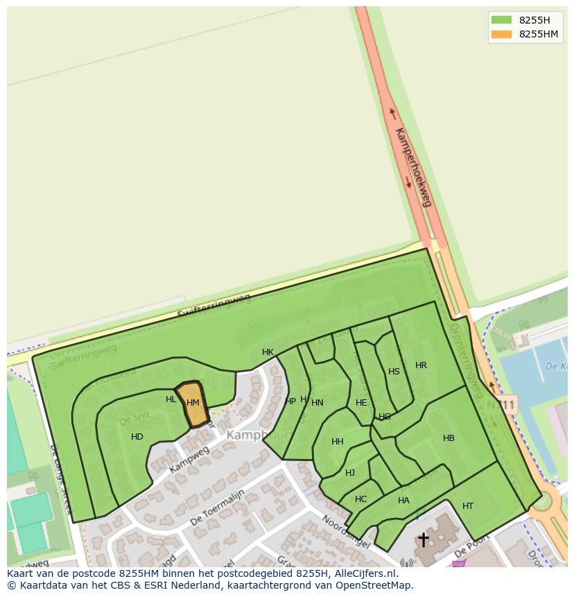 Afbeelding van het postcodegebied 8255 HM op de kaart.