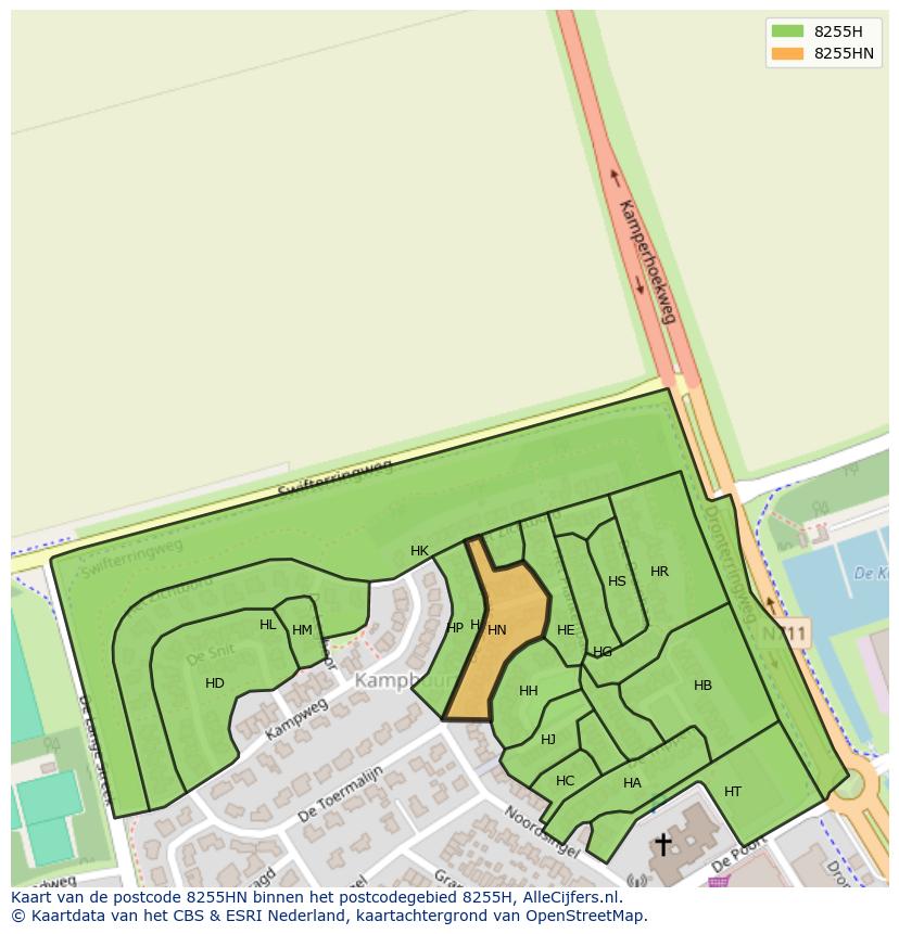 Afbeelding van het postcodegebied 8255 HN op de kaart.