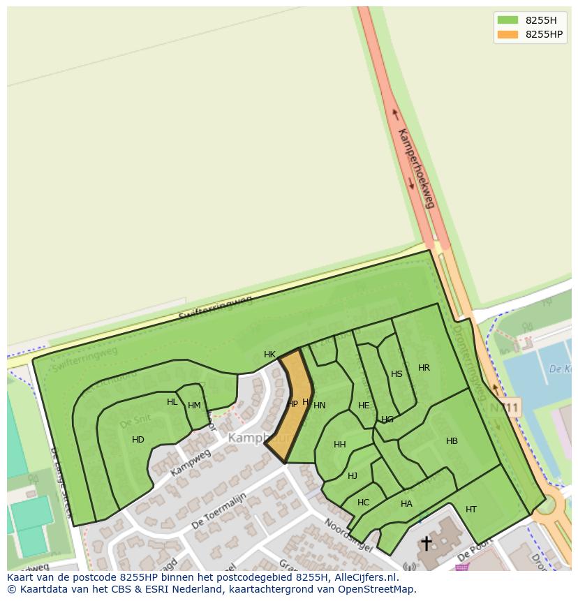 Afbeelding van het postcodegebied 8255 HP op de kaart.