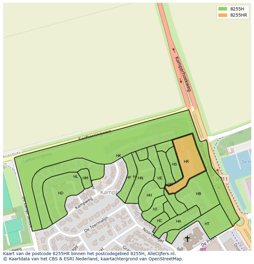 Afbeelding van het postcodegebied 8255 HR op de kaart.