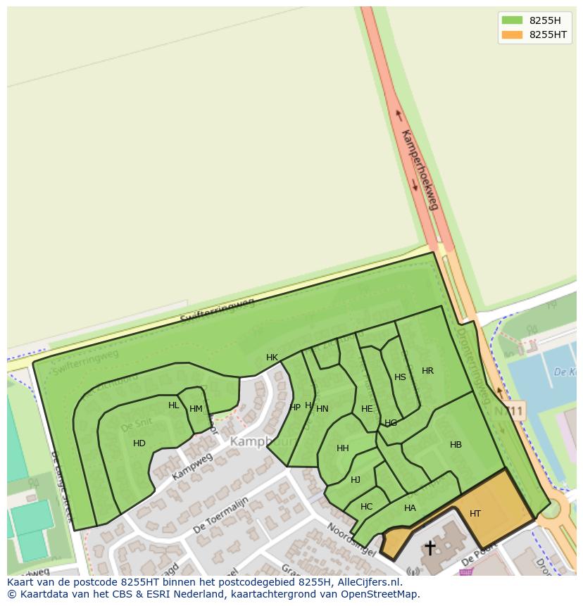 Afbeelding van het postcodegebied 8255 HT op de kaart.
