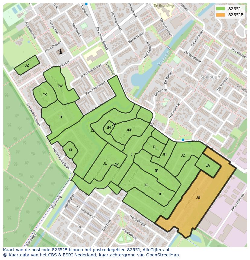 Afbeelding van het postcodegebied 8255 JB op de kaart.