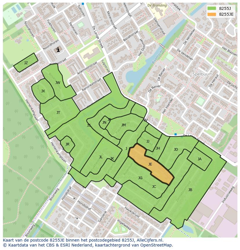 Afbeelding van het postcodegebied 8255 JE op de kaart.