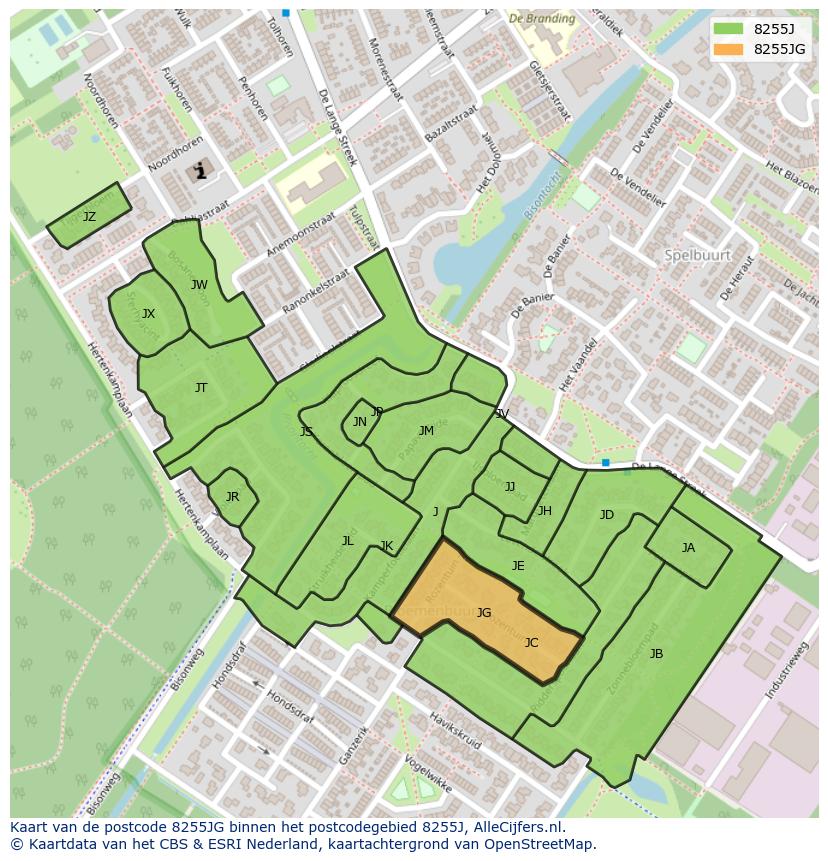 Afbeelding van het postcodegebied 8255 JG op de kaart.