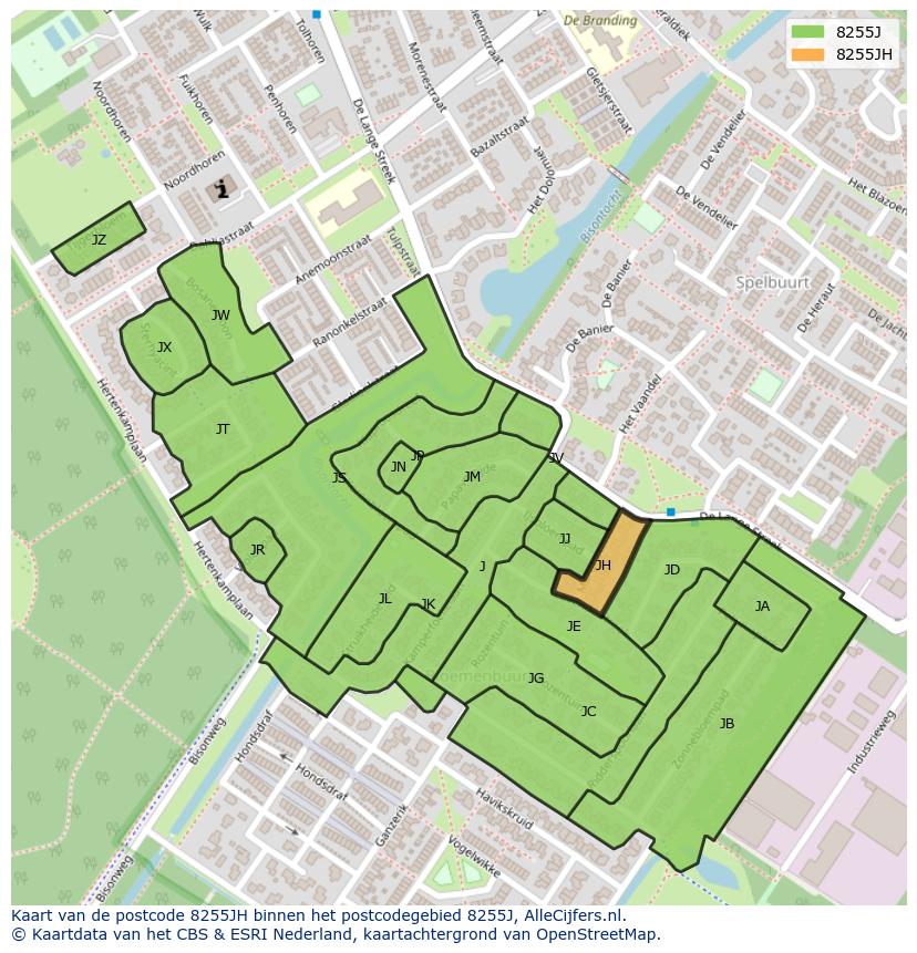 Afbeelding van het postcodegebied 8255 JH op de kaart.