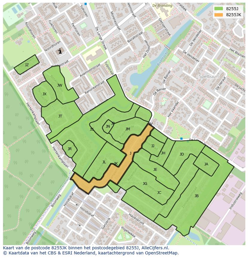 Afbeelding van het postcodegebied 8255 JK op de kaart.