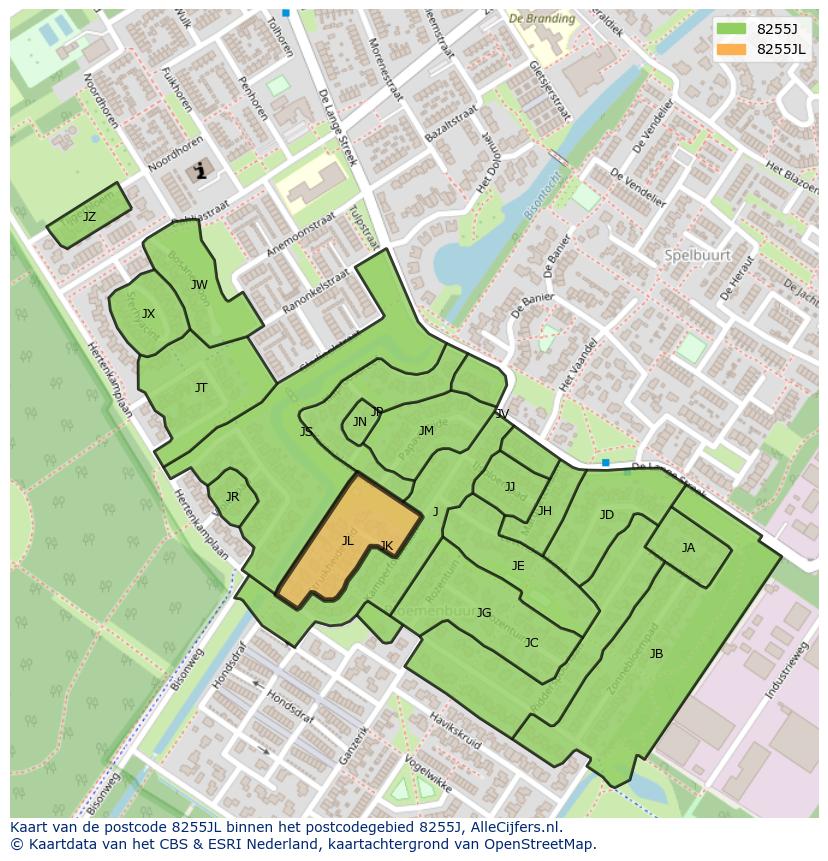 Afbeelding van het postcodegebied 8255 JL op de kaart.